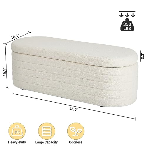 Hanstore Ottoman Storage Box, Teddy Upholstered Fabric Large Storage Bench End of Bed Stool with Safety Hinge Footstool for Bedroom, Living Room, Entryway - Oval