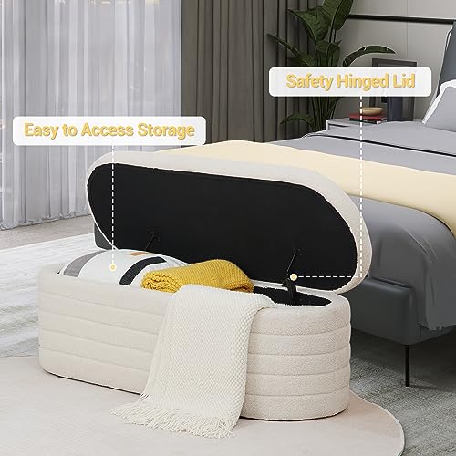 Hanstore Ottoman Storage Box, Teddy Upholstered Fabric Large Storage Bench End of Bed Stool with Safety Hinge Footstool for Bedroom, Living Room, Entryway - Oval