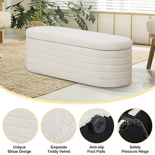 Hanstore Ottoman Storage Box, Teddy Upholstered Fabric Large Storage Bench End of Bed Stool with Safety Hinge Footstool for Bedroom, Living Room, Entryway - Oval