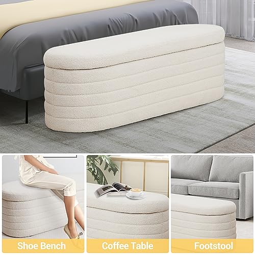Hanstore Ottoman Storage Box, Teddy Upholstered Fabric Large Storage Bench End of Bed Stool with Safety Hinge Footstool for Bedroom, Living Room, Entryway - Oval