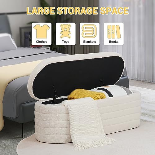 Hanstore Ottoman Storage Box, Teddy Upholstered Fabric Large Storage Bench End of Bed Stool with Safety Hinge Footstool for Bedroom, Living Room, Entryway - Oval