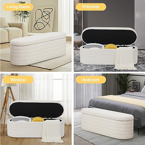 Hanstore Ottoman Storage Box, Teddy Upholstered Fabric Large Storage Bench End of Bed Stool with Safety Hinge Footstool for Bedroom, Living Room, Entryway - Oval