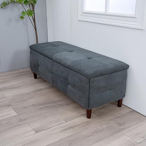 Panana Padded Toy Box Storage Bench Ottoman Foot Stool，Upholstered Ottoman Pouffe Stool Change Shoe Footrest Wooden Legs， Grey Linen Fabric