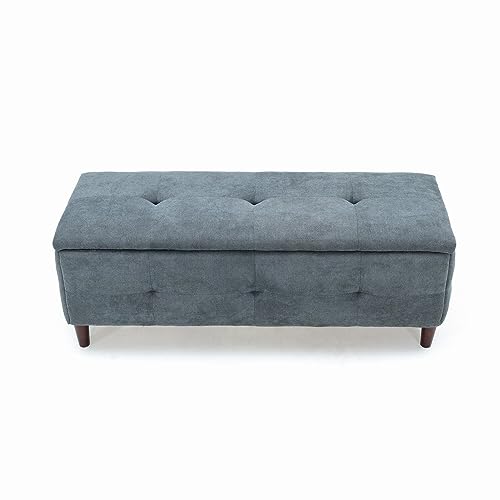 Panana Padded Toy Box Storage Bench Ottoman Foot Stool，Upholstered Ottoman Pouffe Stool Change Shoe Footrest Wooden Legs， Grey Linen Fabric