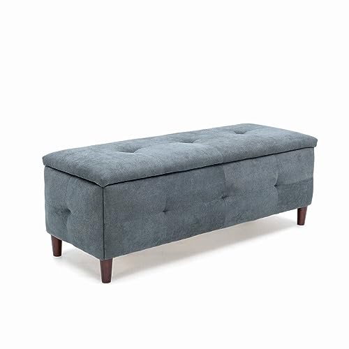 Panana Padded Toy Box Storage Bench Ottoman Foot Stool，Upholstered Ottoman Pouffe Stool Change Shoe Footrest Wooden Legs， Grey Linen Fabric
