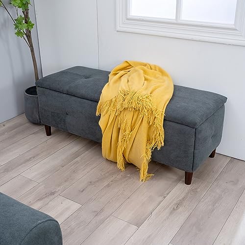 Panana Padded Toy Box Storage Bench Ottoman Foot Stool，Upholstered Ottoman Pouffe Stool Change Shoe Footrest Wooden Legs， Grey Linen Fabric