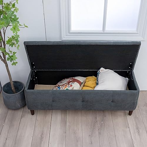 Panana Padded Toy Box Storage Bench Ottoman Foot Stool，Upholstered Ottoman Pouffe Stool Change Shoe Footrest Wooden Legs， Grey Linen Fabric