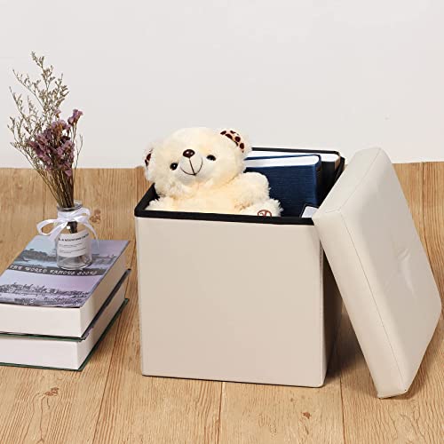 Bonlife Storage Ottoman Boxes Faux Leather Folding Cube Foot Stool Toy Box Chest for Kids Cream Small Ottoman Storage Office Box Cream 30x30x30cm