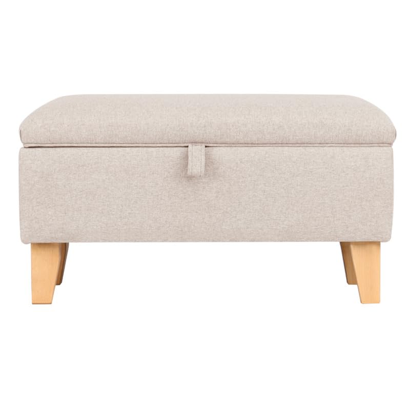 INMOZATA Linen Footstool with Storage Upholstered Ottoman Footstool Storage Stool Change Shoe Footrest with Wooden Legs for Living Room Bedroom (Beige)