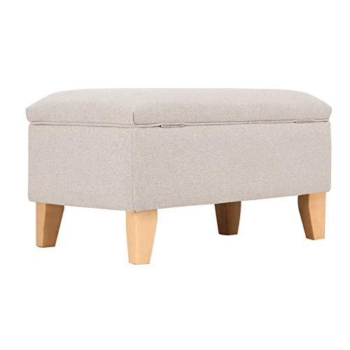 INMOZATA Linen Footstool with Storage Upholstered Ottoman Footstool Storage Stool Change Shoe Footrest with Wooden Legs for Living Room Bedroom (Beige)