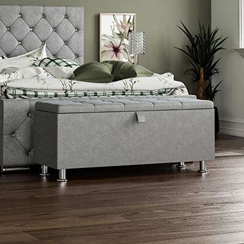 Vida Designs Valencia Storage Ottoman, Fabric Chest with Lid, Seat, Stool, Window Bench, Chest, Toy Storage Box, Pouffee, Footstool, Light Grey Velvet