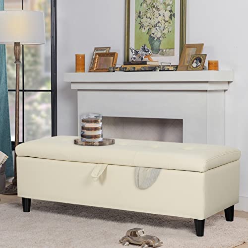INMOZATA Ottoman Storage Bench Chest Leather Footstool Window Seat Bench Bed End Stool for Living Room Bedroom Hallway Beige