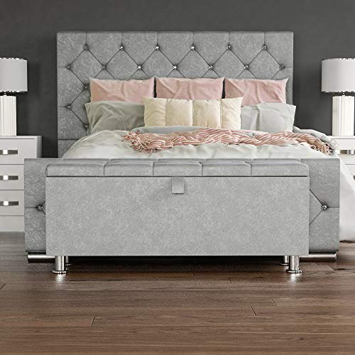 Vida Designs Valencia Storage Ottoman, Fabric Chest with Lid, Seat, Stool, Window Bench, Chest, Toy Storage Box, Pouffee, Footstool, Light Grey Velvet
