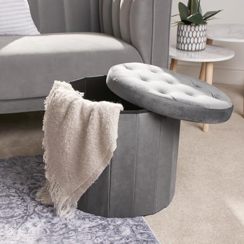 OHS Round Ottoman Storage Matt Velvet, Grey Ottoman with Lid Storage Ottomans for Bedroom Living Room Space Saving Organising Storage Box, Charcoal