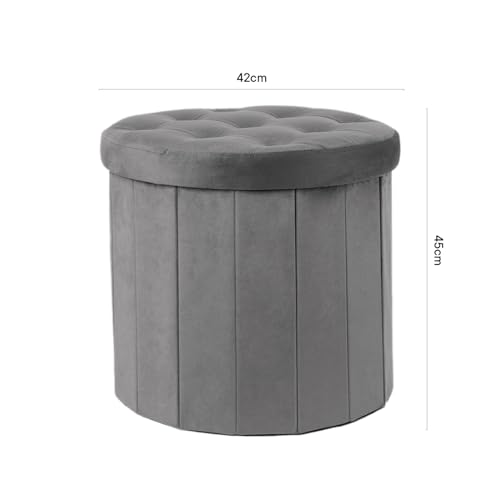 OHS Round Ottoman Storage Matt Velvet, Grey Ottoman with Lid Storage Ottomans for Bedroom Living Room Space Saving Organising Storage Box, Charcoal
