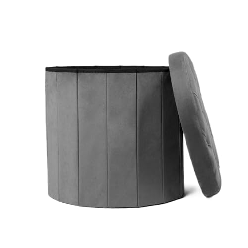 OHS Round Ottoman Storage Matt Velvet, Grey Ottoman with Lid Storage Ottomans for Bedroom Living Room Space Saving Organising Storage Box, Charcoal