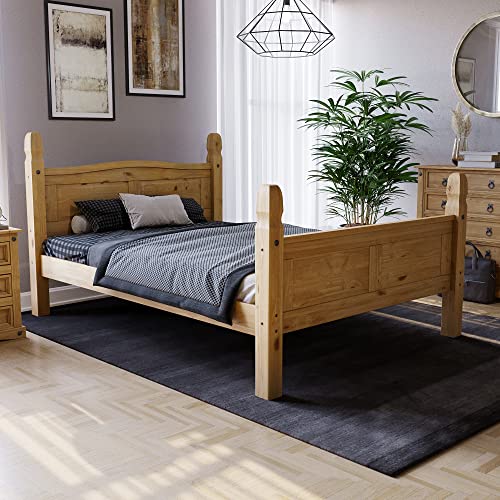 Amazon Basics - Corona Double Bed Frame, 4 ft 6 in, High Foot End, Made from Distressed Waxed Pine, Solid Wood, Beige, 110 x 149 x 207 cm, (Previously Movian brand)
