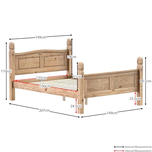 Amazon Basics - Corona Double Bed Frame, 4 ft 6 in, High Foot End, Made from Distressed Waxed Pine, Solid Wood, Beige, 110 x 149 x 207 cm, (Previously Movian brand)