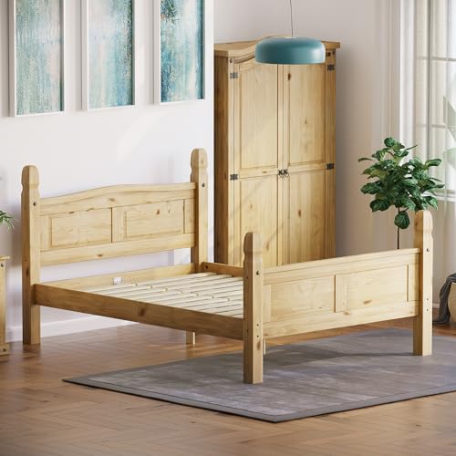 Amazon Basics - Corona Double Bed Frame, 4 ft 6 in, High Foot End, Made from Distressed Waxed Pine, Solid Wood, Beige, 110 x 149 x 207 cm, (Previously Movian brand)