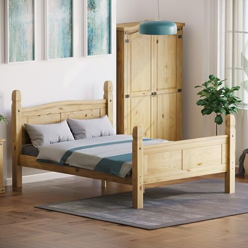 Amazon Basics - Corona Double Bed Frame, 4 ft 6 in, High Foot End, Made from Distressed Waxed Pine, Solid Wood, Beige, 110 x 149 x 207 cm, (Previously Movian brand)