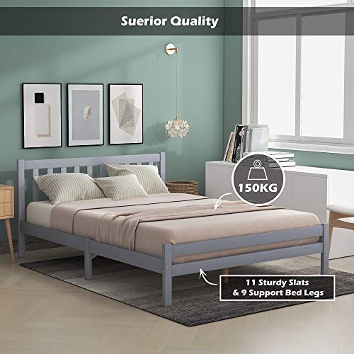 BTM Wooden Bed Frame, Solid Pine Wooden Bed Frame, Bedroom Furniture for Adults, Kids, Teenagers (135 * 190cm, grey)