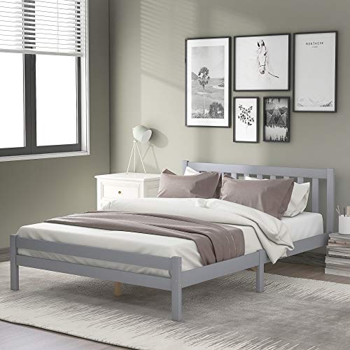 BTM Wooden Bed Frame, Solid Pine Wooden Bed Frame, Bedroom Furniture for Adults, Kids, Teenagers (135 * 190cm, grey)