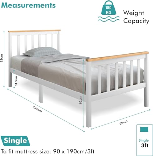 Blisswood 3ft Single Bed Frame, Wooden Bed Frame Solid Pine Wood Bed Frames Bedroom Furniture For Adults Kids Girls Bed Frame Headboard And Low Foot (98 X 197cm, White)