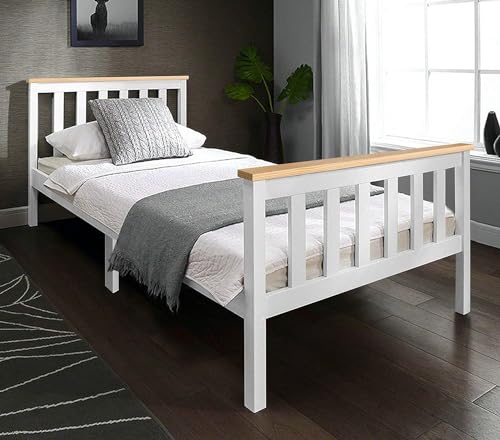 Blisswood 3ft Single Bed Frame, Wooden Bed Frame Solid Pine Wood Bed Frames Bedroom Furniture For Adults Kids Girls Bed Frame Headboard And Low Foot (98 X 197cm, White)