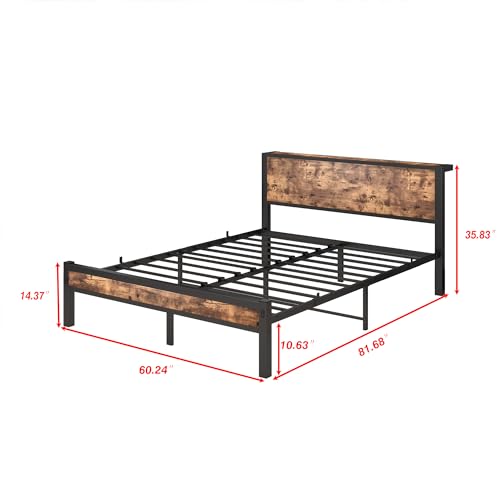 DUMEE King Size Bed Frame with Storage Wooden Headboard, Metal Bed Frame Kingsize Bed Base/Mattress Foundation, Enhanced Support Noise Free, Textured Black+Brown Oak