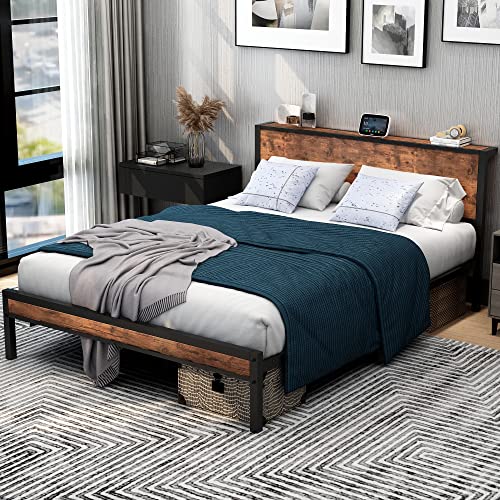 DUMEE King Size Bed Frame with Storage Wooden Headboard, Metal Bed Frame Kingsize Bed Base/Mattress Foundation, Enhanced Support Noise Free, Textured Black+Brown Oak