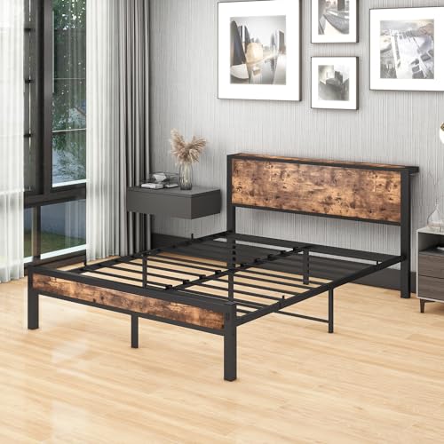 DUMEE King Size Bed Frame with Storage Wooden Headboard, Metal Bed Frame Kingsize Bed Base/Mattress Foundation, Enhanced Support Noise Free, Textured Black+Brown Oak