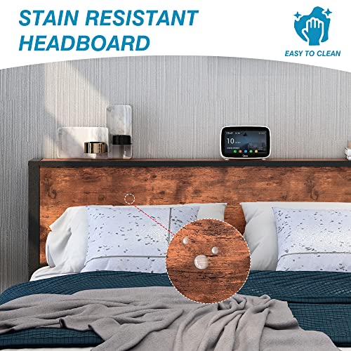 DUMEE King Size Bed Frame with Storage Wooden Headboard, Metal Bed Frame Kingsize Bed Base/Mattress Foundation, Enhanced Support Noise Free, Textured Black+Brown Oak