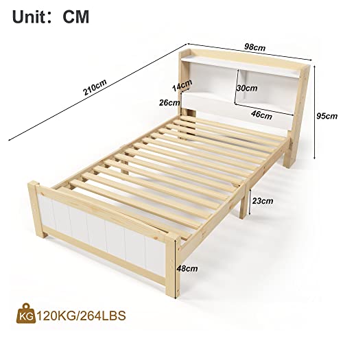 BTM Wooden Single Bed 3FT Storage Bed Frame Kids Single Bed for Adult Children Girls and Boys, 190 * 90 cm (Natural)