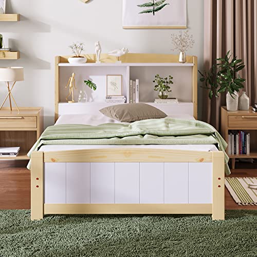 BTM Wooden Single Bed 3FT Storage Bed Frame Kids Single Bed for Adult Children Girls and Boys, 190 * 90 cm (Natural)