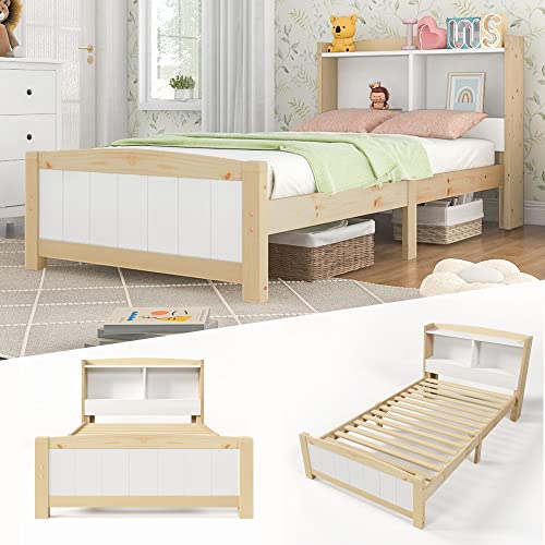 BTM Wooden Single Bed 3FT Storage Bed Frame Kids Single Bed for Adult Children Girls and Boys, 190 * 90 cm (Natural)