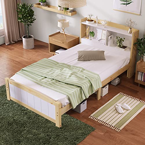 BTM Wooden Single Bed 3FT Storage Bed Frame Kids Single Bed for Adult Children Girls and Boys, 190 * 90 cm (Natural)