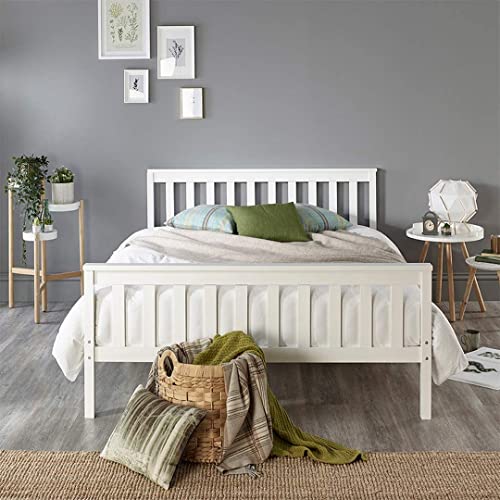 Aspire Beds Atlantic Solid Wood Shaker Bed Bed Frame, White With White Wood Highlights, Double (135 x 190 cm)