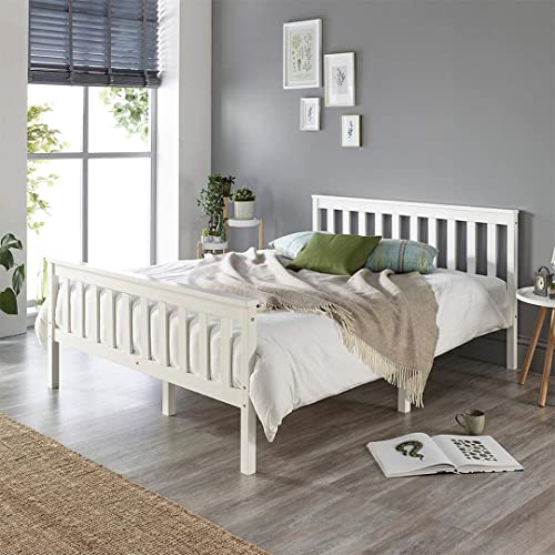 Aspire Beds Atlantic Solid Wood Shaker Bed Bed Frame, White With White Wood Highlights, Double (135 x 190 cm)