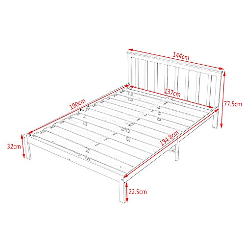 Panana Solid Pine Wood Double Bed Frame 4FT6 Wooden Bed for Adults, Kids, Teenager, White+Wood, 135 * 190cm