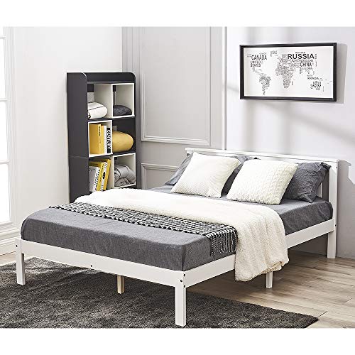 Panana Solid Pine Wood Double Bed Frame 4FT6 Wooden Bed for Adults, Kids, Teenager, White+Wood, 135 * 190cm