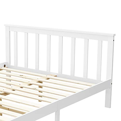 Panana Solid Pine Wood Double Bed Frame 4FT6 Wooden Bed for Adults, Kids, Teenager, White+Wood, 135 * 190cm