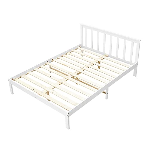 Panana Solid Pine Wood Double Bed Frame 4FT6 Wooden Bed for Adults, Kids, Teenager, White+Wood, 135 * 190cm