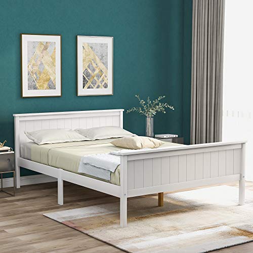 LIFE CARVER double wooden Bed Frame with Headboard and Footboard, Pine Wood Bed for Kids Bedroom, Ivory