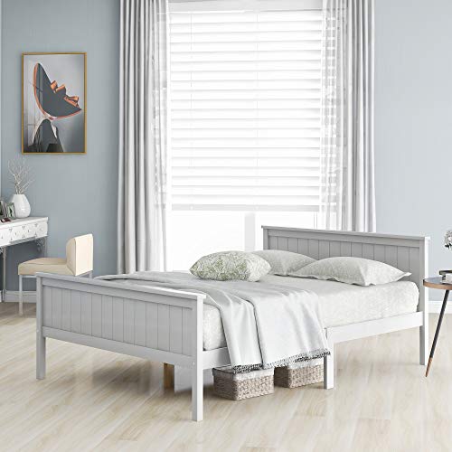 LIFE CARVER double wooden Bed Frame with Headboard and Footboard, Pine Wood Bed for Kids Bedroom, Ivory