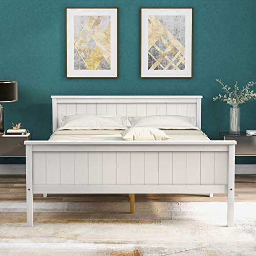 LIFE CARVER double wooden Bed Frame with Headboard and Footboard, Pine Wood Bed for Kids Bedroom, Ivory