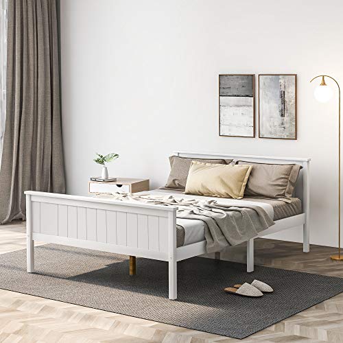 LIFE CARVER double wooden Bed Frame with Headboard and Footboard, Pine Wood Bed for Kids Bedroom, Ivory