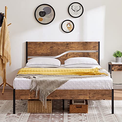 VECELO Double Bed Frame with Wood Headboard, Wooden Metal Platform Bed Frame with Large Underbed Storage, No Box Spring Needed, Heavy Duty Slat Support, Easy Assembly