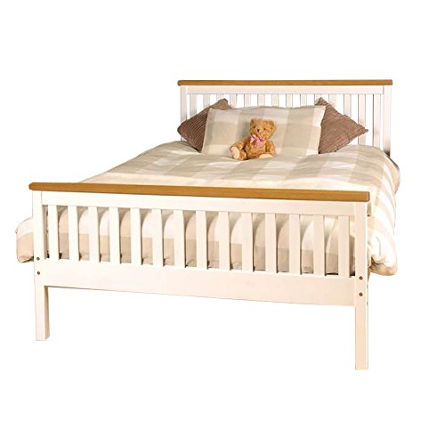 Comfy Living 4ft6 Double Atlantis Style Wooden Pine Bed Frame in White with Caramel Bar