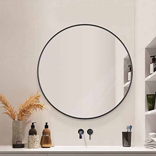 Amazing Tour 50cm Large Modern Round Mirror Black Brushed Frame Wall Mirror Metal Framed HD Glass Wall Mirror for Makeup Bathroom Living Room