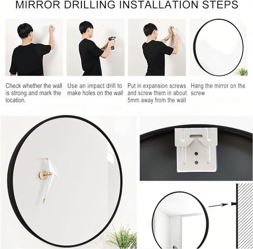 Amazing Tour 50cm Large Modern Round Mirror Black Brushed Frame Wall Mirror Metal Framed HD Glass Wall Mirror for Makeup Bathroom Living Room